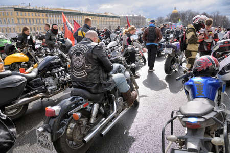 Saint-Petersburg.Russia.April 24.2021 Bikers have opened the 2021 motorcycle season in St. Petersburg.From the very morning, motorcyclists began to arrive at the Palace Square.A lot of spectators gather at the festival, concerts are held.のeditorial素材