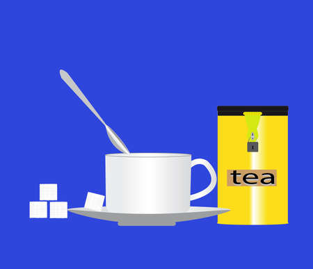 cup of sugar and a can of tea spoon on a blue backgroundのイラスト素材