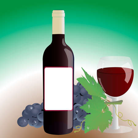 Bottle of wine, glass and grapes on a gradient backgroundのイラスト素材