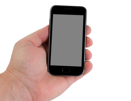 black telephone with hand isolated on white backgroundの写真素材