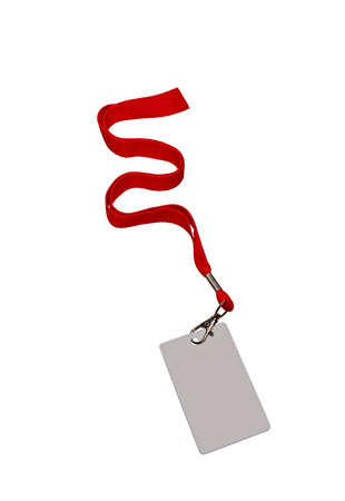 Badge red ribbon, isolated on white background.の写真素材