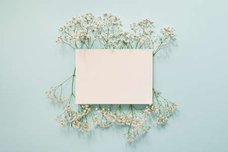 Beautiful floral white frame of white flowers on blue background.