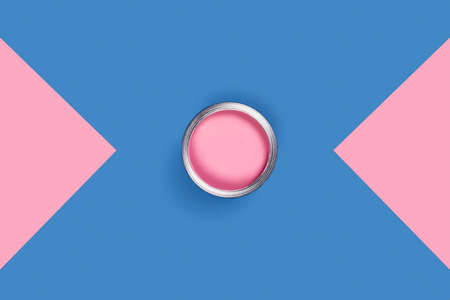 Repare picture. Blue and pink background with pink paint jar and corners. Flat lay, top view, copy space.の写真素材