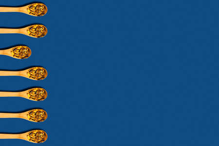 Medical classic blue background. Fish oil capsules in a wooden spoons. Flat lay, top view, copy space.の写真素材