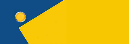 Repair concept. Classic blue and yellow background with one paint can, diagonal composition. Flat...