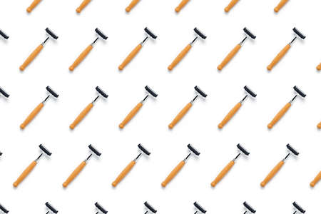 Zero waste concept. Group of razors with wooden handles on isolated white background. Flat lay, top view, copy space.の写真素材