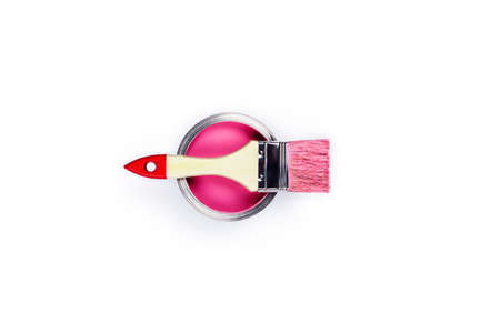 Renovation picture. Isolated white background with one pink pain cans and brush located on it. Flat...