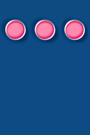 Repair concept. Classic blue background with three pink paint cans. Flat lay, top view, copy space.の写真素材