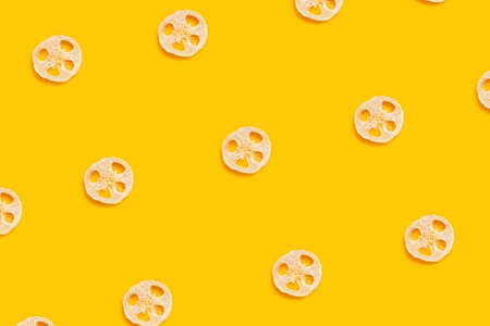 Ecological accessories for body care, natural pattern on yellow background.