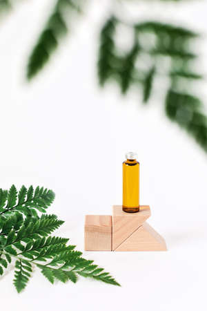 Glass ampoules of beauty or medical purpose standing on wooden cubes and surrounded by green leaves. Preventive medicine.の写真素材