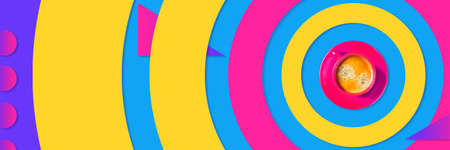 Repair me. Zine culture color renovation background with one pink paint can and colorful circles on neon blue background.の写真素材