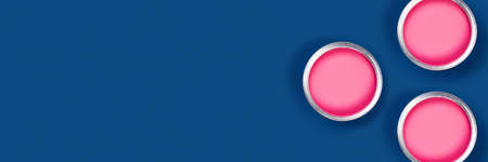 Repair concept. Classic blue background with one paint can, central composition. Flat lay, top view, copy space.の写真素材