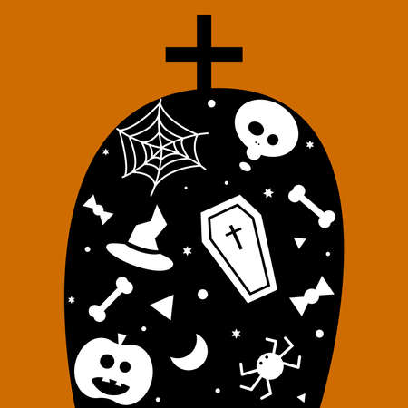 Vector illustration with a tombstone and a ghost painted on it, a hat, a pumpkin, a spider.のイラスト素材