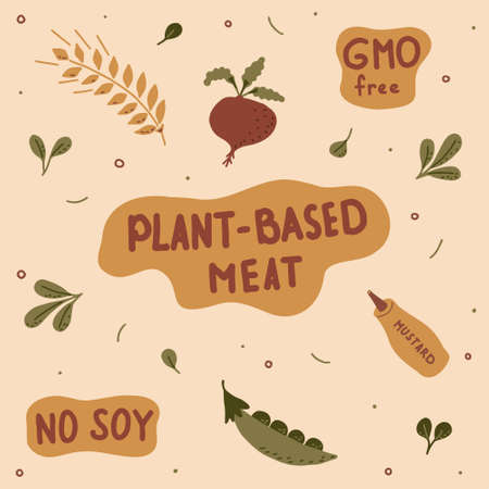 Set of hand-drawn lettering and green plants with the ingredients of plant-based meat. Vector illustration.のイラスト素材