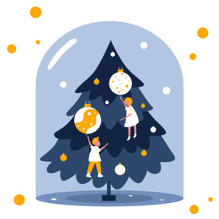 Vector illustration depicting the First Date at Christmas during the Lockdown. A lady and a guy hang on Christmas balls on a Christmas tree and can not reach each other on keeping a social distance.のイラスト素材