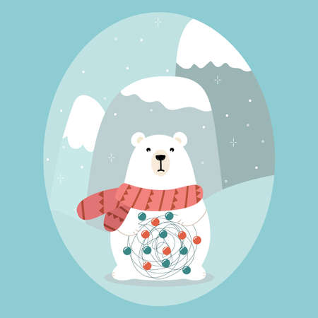 Christmas card with white bear in scarf holding entangled garland. Vector illustration in hand drawn style.のイラスト素材