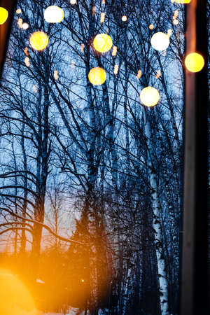 Window overlooking the winter forest in Christmas lights.の写真素材