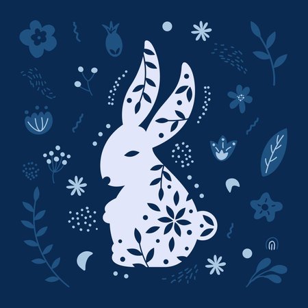 Cute Easter bunny surrounded by spring flowers and twigs. Monochrome blue composition. Happy holiday concept.のイラスト素材