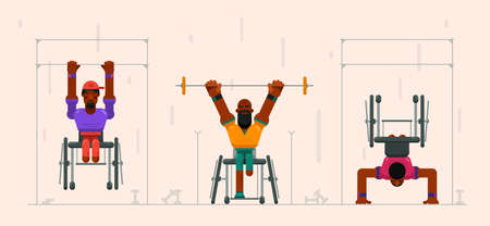 Three African-American guys with disabilities in wheelchairs are engaged in CrossFit sport in the...