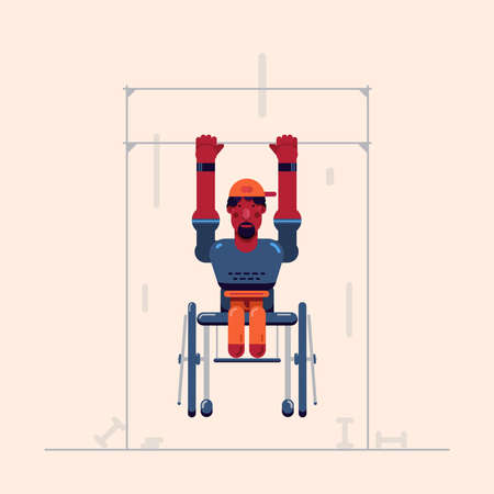 Vector illustration with one young dark skin man in wheelchair with amputated legs pulls up in gym.のイラスト素材