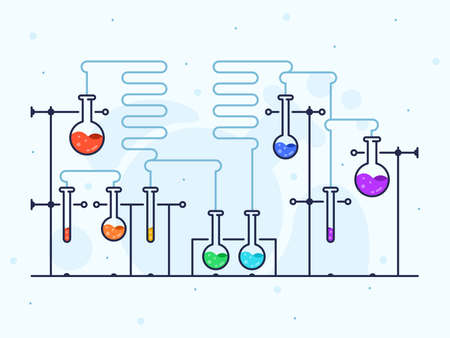 Vector illustration with chemical laboratory in flat line style. Flasks with color liquid and blue tubes.のイラスト素材