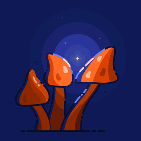 Fairy-tale with magic mushroom on dark background. Mysterious and beautiful light with fireflies.のイラスト素材
