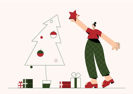 Young beautiful woman painted in a trendy style with large shapes decorating linear Christmas tree.のイラスト素材