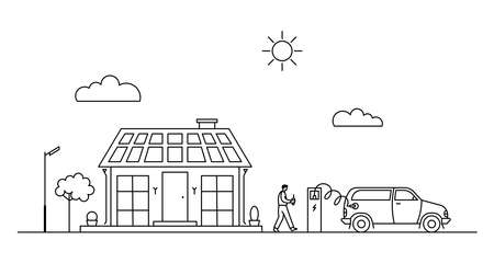 Vector line art illustration with suburban cityscape, man with coffee, and electric smart car on charging.のイラスト素材