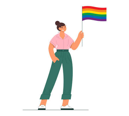 Flat vector illustration. Transgender person holds rainbow flag at street demonstration in support of LGBT rights.のイラスト素材