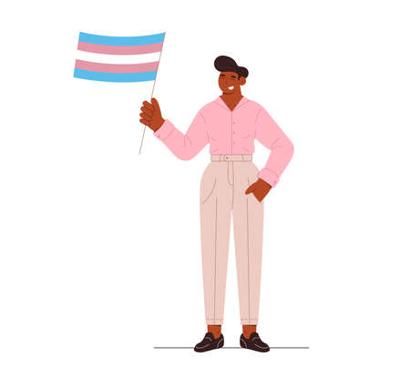 Flat vector illustration. A person holds transgender flag at street demonstration in support of LGBT rights.のイラスト素材