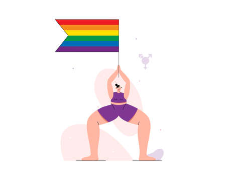 Vector flat illustration with transgender caucasian person and rainbow flag in his hand staing in yoga pose.のイラスト素材