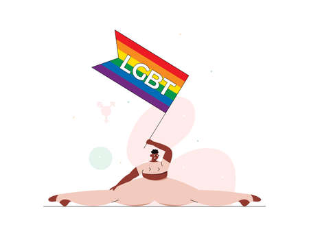 Flat vector illustration. African-american person holds LGBT flag and sitting on the splits.のイラスト素材
