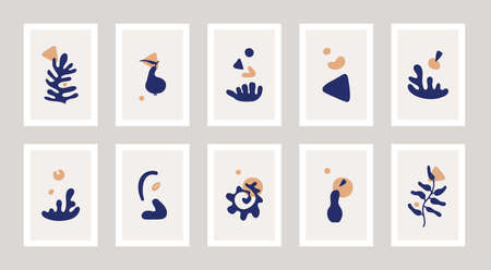 Set of ten abstract posters drawing in Henry Matisse style. Nature shapes, corals in blue and yellow color.のイラスト素材