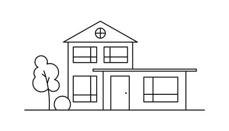 Line art vector neighborhood illustration with one house and a tree.のイラスト素材