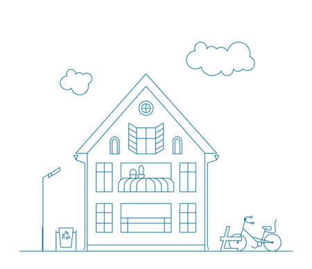 Line art vector neighborhood illustration with house and wheel. Cityscape with blue residential building.のイラスト素材