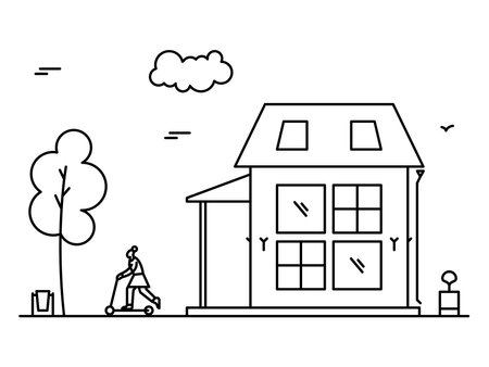Neighborhood line art house and a woman on scooter.のイラスト素材