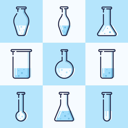 Glass chemistry flasks. Set of nine different glass tubes.のイラスト素材