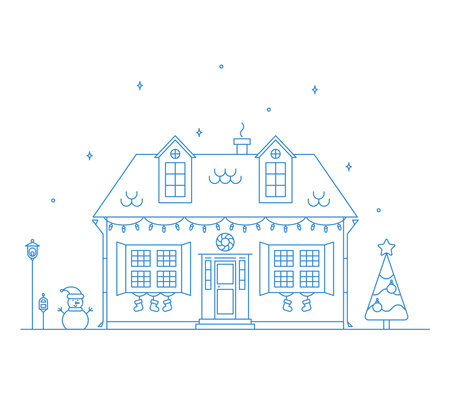 Neighborhood line art Christmas illustration with house.のイラスト素材
