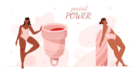 Menstrual cup and tampon. Period power. Beautiful women and hygiene accessories.のイラスト素材