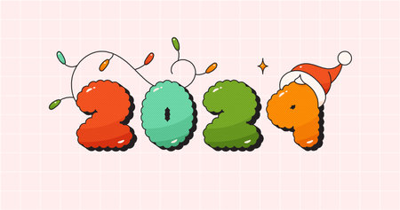 Christmas groovy poster text 2024. Noel hat and garland.のイラスト素材