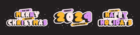 Groovy Christmas halftone Sticker set. Yellow and purple letters.のイラスト素材