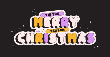 Groovy Merry Christmas poster. Yellow and purple halftone letters.のイラスト素材
