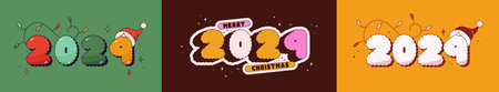 Christmas groovy set of posters with text 2024. Noel hat and garland.のイラスト素材