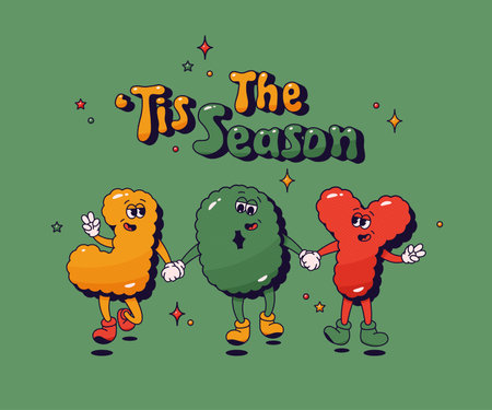 Christmas groovy mascot characters. Joy happy noel letters on green background.のイラスト素材