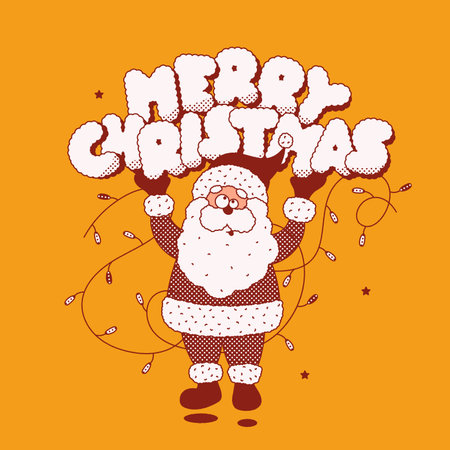 Groovy mascot Santa Claus character with letters Merry Christmas and garland. Imaginary old man with long, white hair, beard and red coat.のイラスト素材