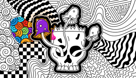 Coloring page for adults. Groovy scull and checkerboard. psychedelic braincase.のイラスト素材