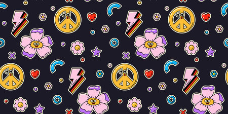 Groovy retro seamless pattern on dark background.のイラスト素材