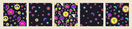 Groovy psychedelic retro seamless patterns. Dark y2k trippy pictures.