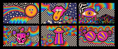 Stoner trippy color posters. Groovy hippie style.