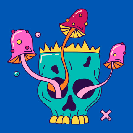 Surreal groovy psychedelic scull with mushrooms.のイラスト素材